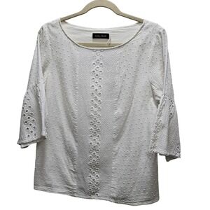 Ivanka Trump White 100% Cotton Eyelet Bell Sleeve Blouse Top L‎